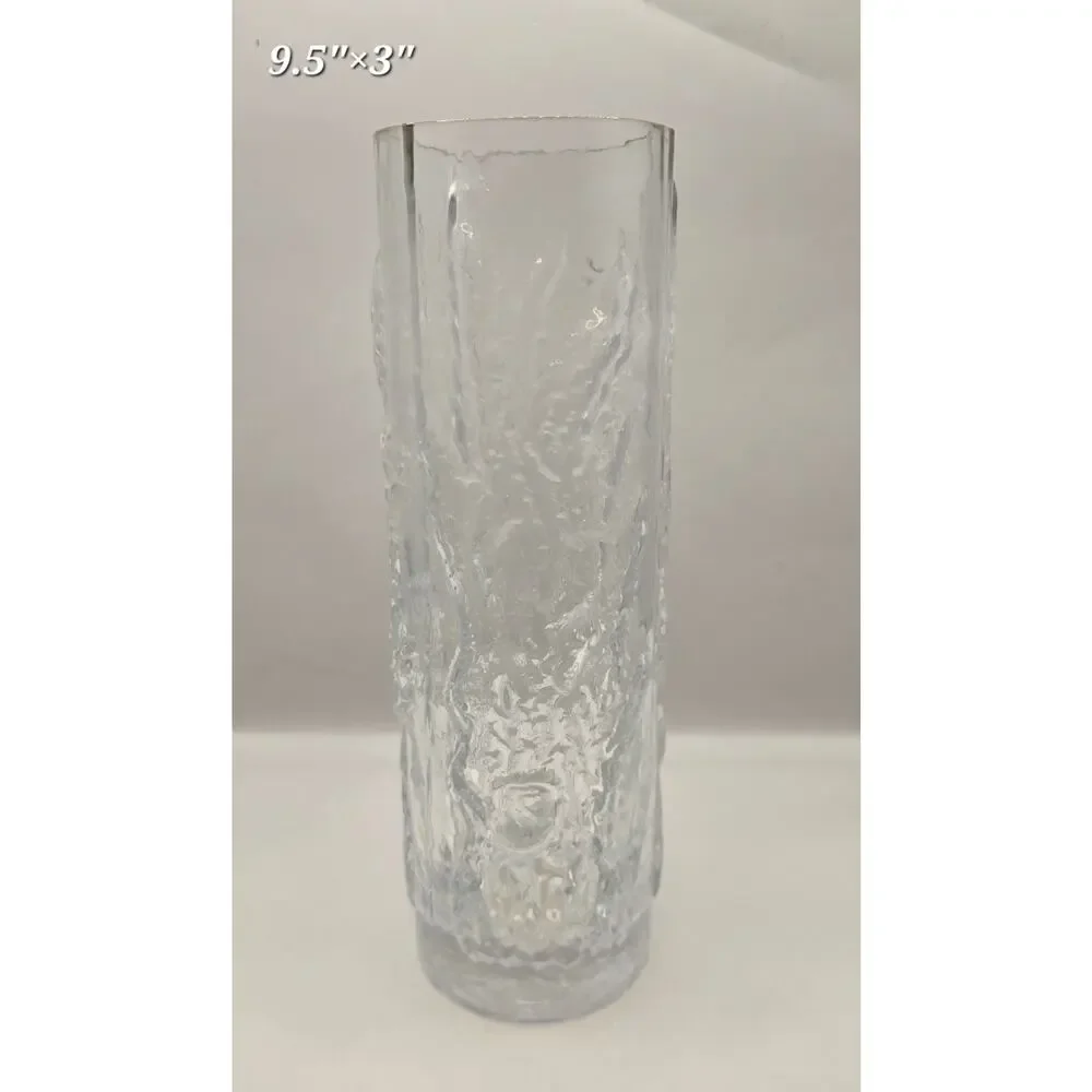 Vintage Ice Glass Vase Tall Clear Textured Bark Mid Century Modern Scandinavian